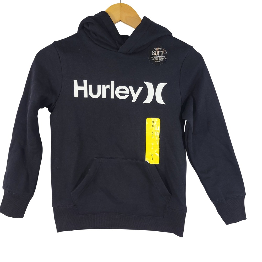 New Hurley Pullover Hoodie Kid Size 8 Black Graphic Sweatshirt Skater Surf Style